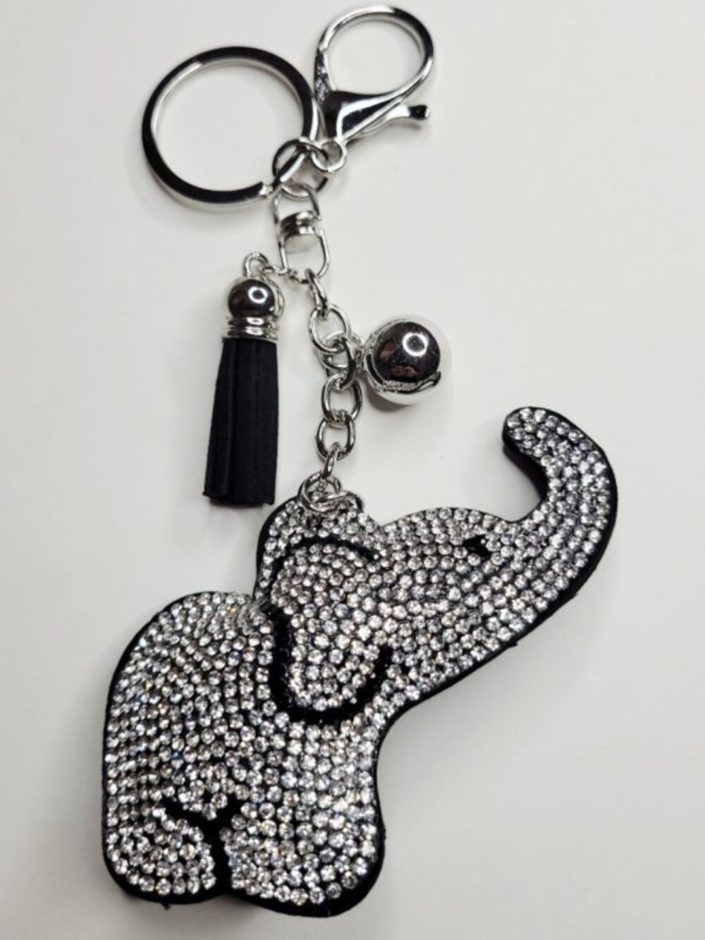 NWT Big Black And Silver Sparkle Elephant Keychain Purse Charm With Tassel